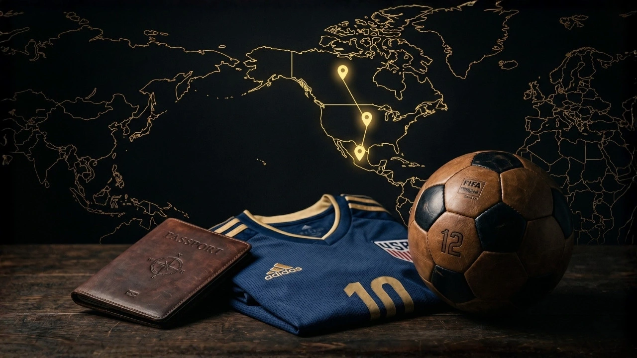 World Cup 2026 travel guide — map with USA, Mexico, Canada host markers and travel essentials